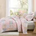 Wonderful - Real Patchwork Quilt Set Queen Size, 3 Piece Cotton Front Floral Pink Bedding, Boho Farmhouse Reversible Bedspread for All Season, 90"x90"