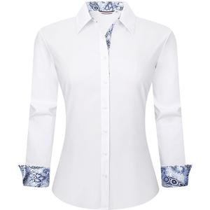 Esabel.C Womens Dress Shirts Cotton Long Sleeve Regular Fit Stretch Button Down Blouse (Large, White)