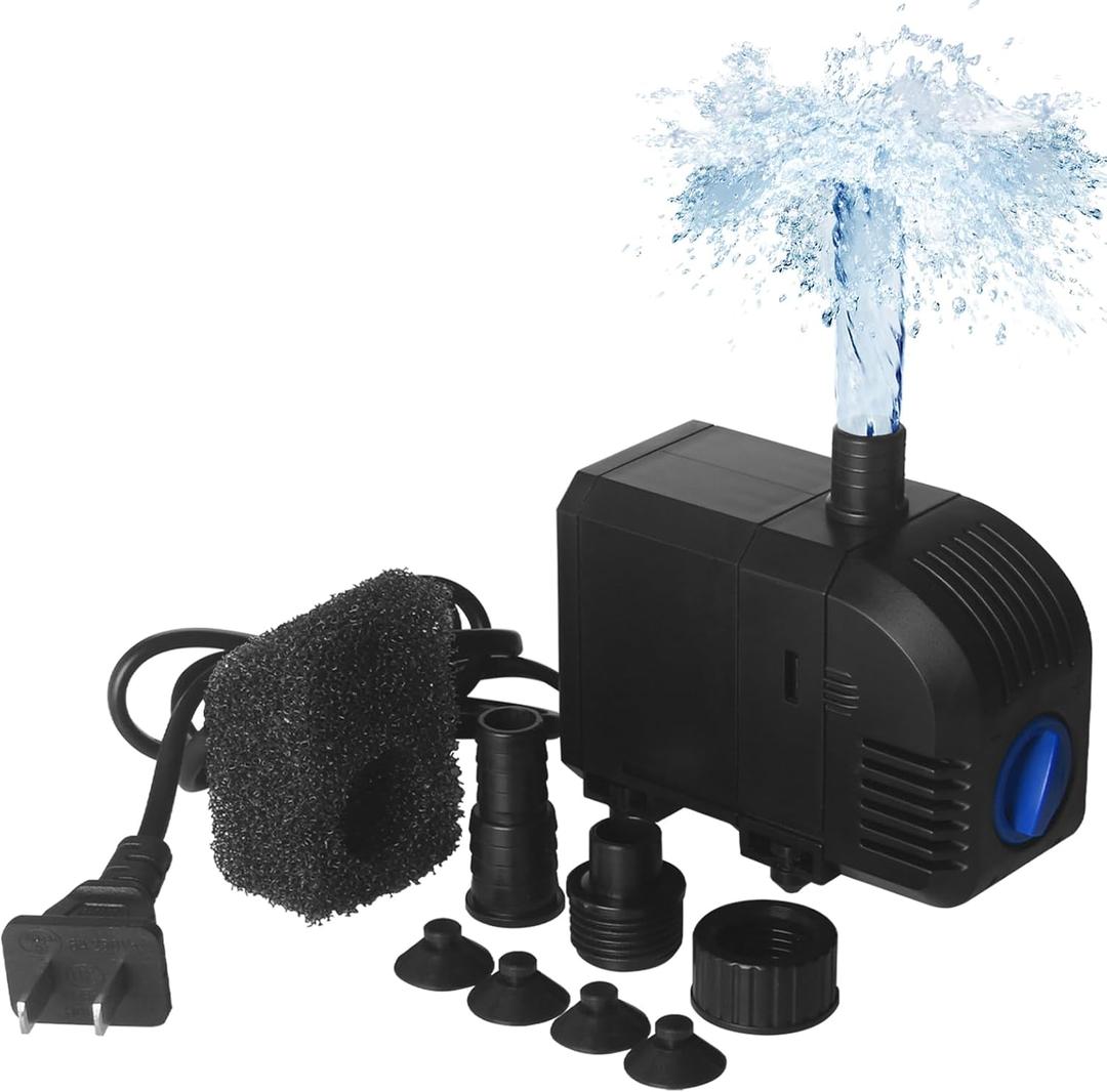TARARIUM Submersible Pump 160GPH Small Fountain Water Pump 8W for Aquarium Fish Tank, Pond, Fountain, Hydroponics 600L/H