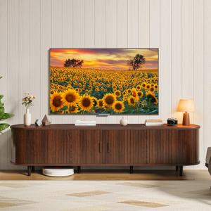 MXV 70" Mid-Century Modern TV Consoles with Sliding Doors, TV Stand with Power Outlet, Fluted Entertainment Center with Adjustable Shelves, for Living Room (Walnut)