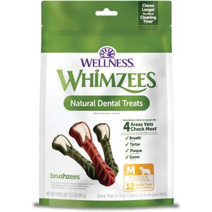WHIMZEES Wellness Brushzees Dog Dental Treats, Natural Chews, Medium Size Stick, (12 Count) (EXP 06/27/28)