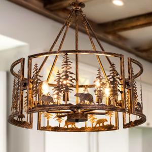 TOCHIC Rustic Chandeliers for Dining Room, 6 Lights Western Light Fixture, Vintage Chandelier for Bedroom, Bear Metal Ceiling Light Fixture, Farmhouse Chandelier for Entryway, Foyer, 26" D