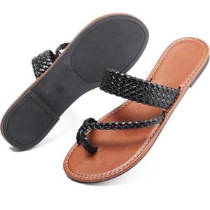 Women's Flat Sandals Casual Summer Sandals Dress Fashion Round Open Flip Flop Thong Sandals Braided Black Size 8