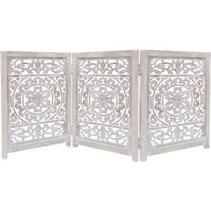 Wooden Foldable Pet Dog Safety Gate - 3 Panel 20" W x 24" H - Hand Carved Suzani Free Standing Portable Indoor Puppy Gate - Doorway Hall Stairs Dog Fence - Assembled - White Wash - Irongate 