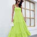 kinstell Women's Summer Boho Spaghetti Strap Square Neck Ruffle Casual Flowy Long Dress Beach Swing Party Maxi Dress (Large)