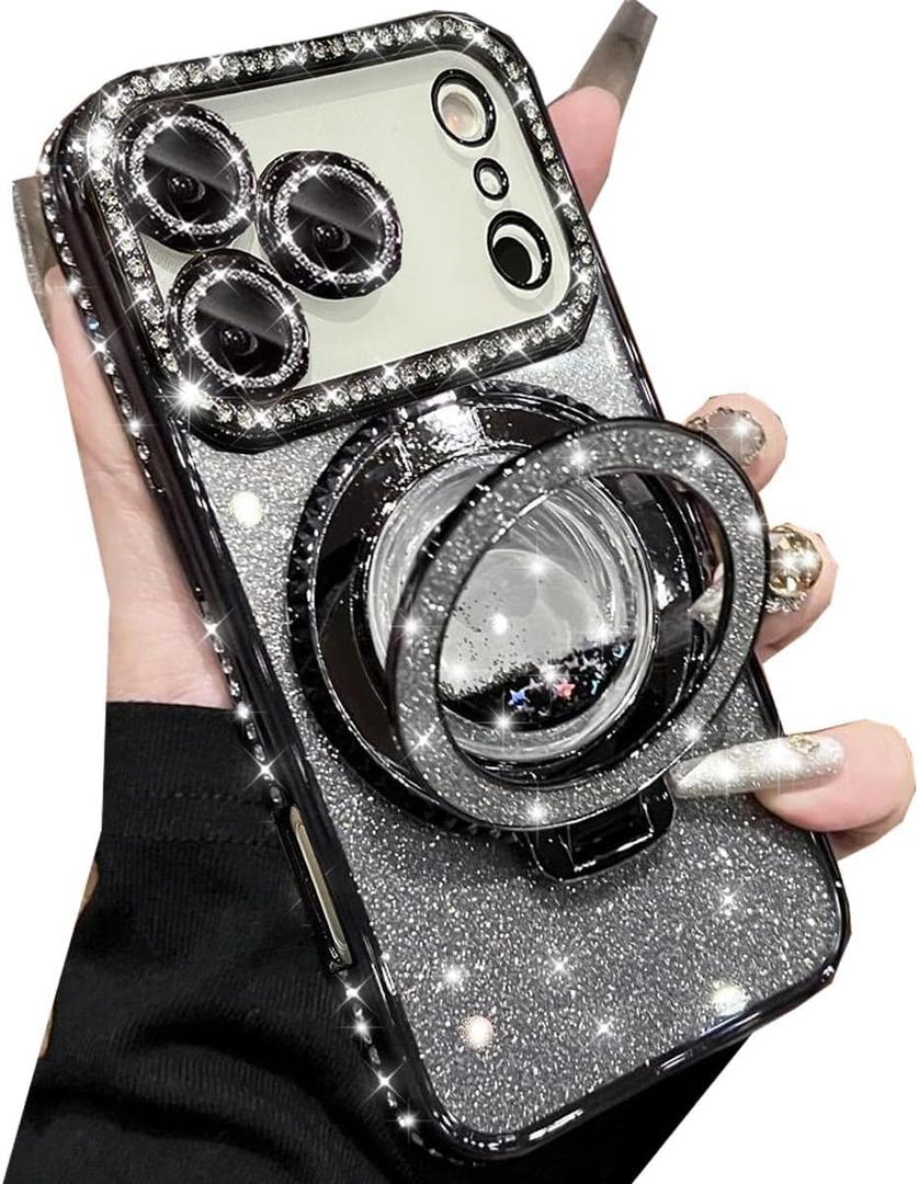 Glitter Kickstand Case for iPhone 17 Pro,Cute Luxury Bling Sparkly Diamond Rhinestones with Camera Lens Protector Liquid Flowing Ring Stand TPU Bumper Women Girls Case for iPhone 17 Pro,Black
