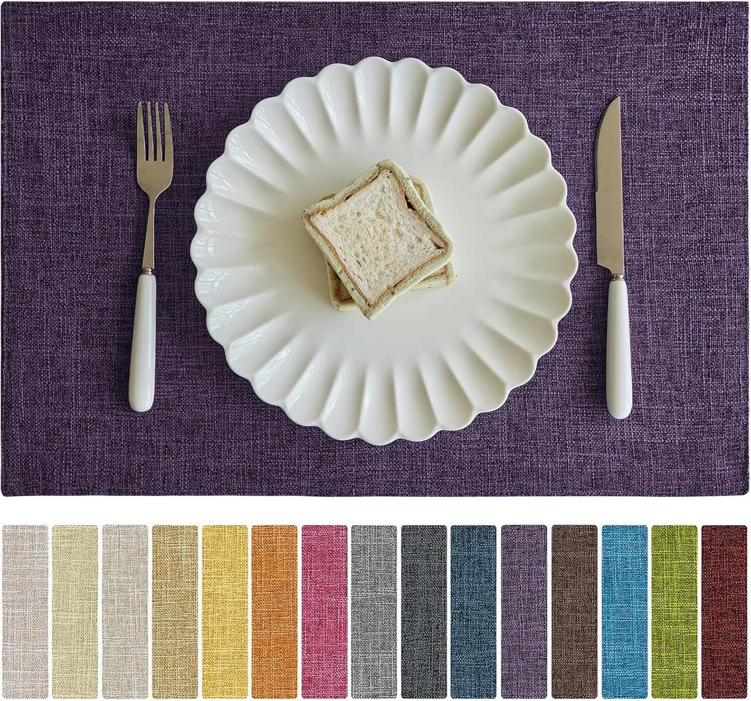 Softalker Faux Linen Placemats Set of 4-12 x 18 Inch, Heat Resistant Double Layered Durable Burlap Farmhouse Place Mats, Non-Slip Washable Rustic Table Mats for Dining, Kitchen, Party, Purple