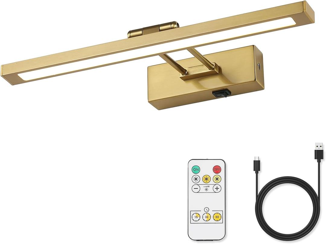 Wireless Picture Light Battery Operated with Remote LED Art Lights for Paintings Rechargeable Dimmable 15.7" Brass Lights Over Pictures on Wall Gold with Swing Arm for Display