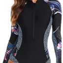 LafyKoly Women's One Piece Long Sleeve Rash Guard UV Protection Printed Surfing Swimsuit Swimwear Bathing Suit (X-Large, Black&blue&pink)