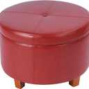 HomePop Round Leatherette Storage Ottoman with Lid, Cinnamon Red Large