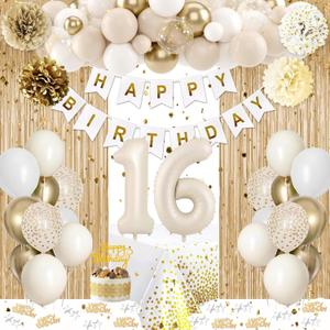 Sweet 16 Birthday Decorations, White and Gold 16th Birthday Decorations for Girls Boy 16th Happy Birthday Banner Tablecloth Fringe Curtain Cake Topper Paper Pom Poms for Girl Boys Sweet 16 Party Decor