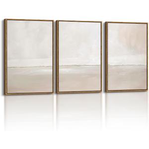 InSimSea 3 Pcs Framed Canvas Wall Art, Living Room Neutral Abstract Art, Bedroom Wall Decor Above Bed, Modern Beige Earthy Decor, 16x24inch, Set of 3