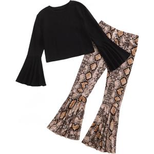 WDIRARA Girl's 2 Piece Flounce Sleeve Top and Leopard Print Bell Leg Bottom Pants Set