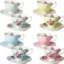 BTaT Floral Tea Cups and Saucers, Set of 8, 8 oz, Fine Porcelain Teacup Set with Gold Trim for Afternoon Tea, Weddings, Parties & Gifting, Dishwasher Safe, Lightweight, NonToxic, Mothers Day Gift
