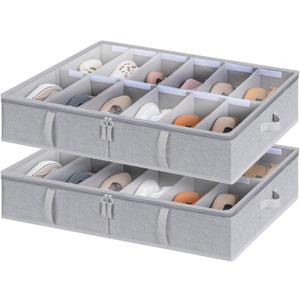 StorageWorks Shoe Organizer for Closet, Fits up to 24 Pairs, 2-Pack Ultra-thick Fabric Under Bed Shoe Storage Containers with Bottom Support and Adjustable Dividers, Grey