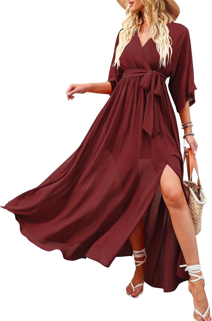 ANRABESS Womens 1/2 Sleeve Beach Wedding Guest Maxi Dresses 2025 Fall Wrap V Neck Boho Floral Flowy Slit Long Summer Dresses (Large, Red)