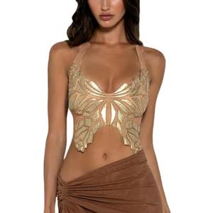 JUMISEE Women Sparkly Rhinestone Butterfly Crop Top Sexy Satin V Neck Bakless Lace Up Cami Tank Top for Rave Festival