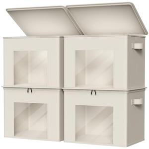 Zilink Fabric Storage Bins with Lid 4-Pack Stackable Cloth Storage Bins Sweater Organizer with Zipper & Clear Window Closet Organizers and Storage Box for Home, Office, Bedroom (Beige,17" x 12" x 12")