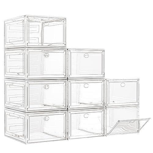 7 code Large Clear Shoe Boxes Organizer【Thicker Material】 Stronger Shoe Box with Magnetic Door, Stackable Shoe Storage Box for Closet, Foldable Space-Saving Storage Bins Shoe Cabinet, White 9 Pack