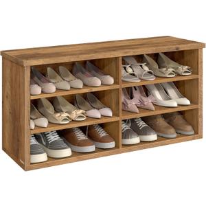 VASAGLE Shoe Bench, Storage Bench, 6 Compartments, Adjustable Shelves, for Living Room, Entryway, Dorm, 11.6 x 39.4 x 19.7 Inches, Honey Brown ULSB036K01