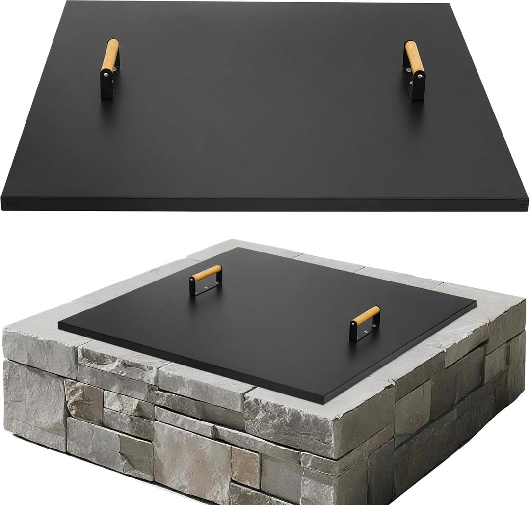 Firepit Lid Square - Rust Resistant 36" x 36" Fire Pit Lid Cover with Wooden Handle & Gloves, Fire Pit Snuffer Lid for Courtyards, Patio, Winter Cold Protection. Fits Fire Pits Up to 34"