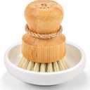SUBEKYU Bamboo Dish Scrub Brush for Kitchen Sink, Natural Wooden Washing Dish Brush Scrubber with Sisal Bristles for Household Cleaning, Cast Iron Pots, Pans and Vegetables (Ceramics Base + Sisal Brush, 1p)
