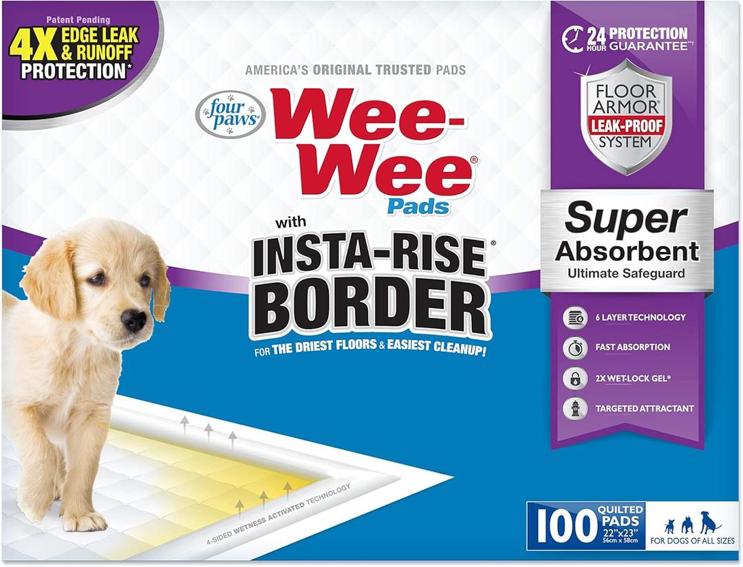 Four Paws Wee-Wee Super Absorbent Unscented Pee Pads for Dogs & Puppies with Insta-Rise Border, Leak-Proof Dog Housebreaking Potty Training Floor Protection, 22" x 23", 100 Count (White)