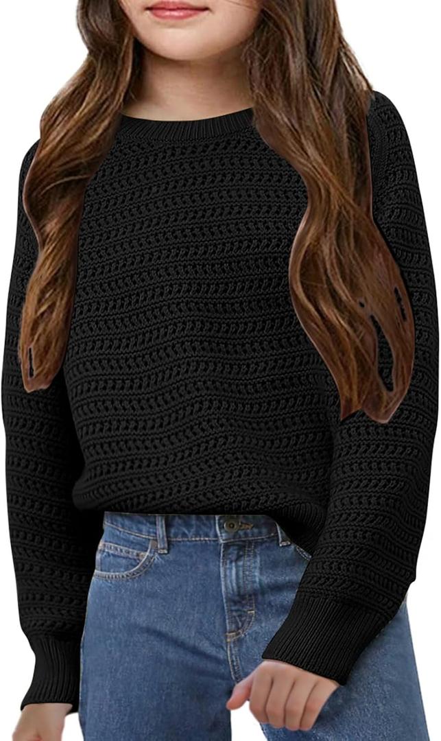 Girls Knit Sweaters Kids Fashion Chunky Crewneck Pullover Jumper Tops 5-14 Years (Black, M)