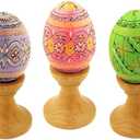 Religious Gifts 3 Pastel Color Ukrainian Wooden Easter Hand Painted Eggs Pysanky on Stands Egg Holders 3 1/2 Inch
