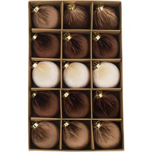 3.15inch Velvet Ornaments for Christmas Tree, 15pcs Multicolor Flocked Christmas Ornaments Decorations Balls Set Decor (Brown/Coffee/Beige)