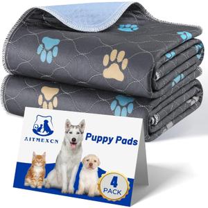 Aitmexcn Washable Puppy Dog Pee Pad, 4PCS 100% Waterproof Whelping Training Mat for Puppy/Senior Dog, Fast Drying Reusable Puppy Pads for Indoor, Outdoor and Car Travel- 32x36'' (Colour Paws)