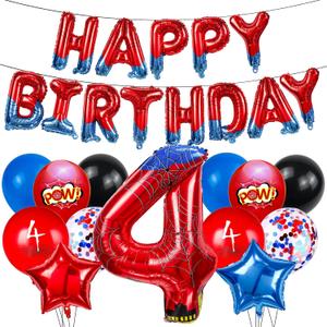 Cartoon Hero 40 Inch Red and Blue Spider Theme Number Foil Birthday Decoration Balloon, Spider Theme Happy Birthday Banner Party Decoration Balloon, Letter Logo Superhero Party Supplies (4)