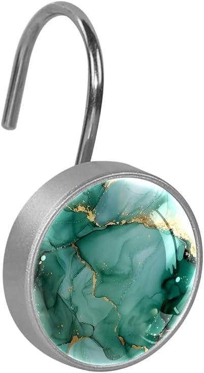 12 Pcs Decorative Shower Curtain Hooks, Rust Proof Glass Surface Stainless Steel Rings for Bathroom Bedroom Kitchen Home Bath Room Rods Decor (Light Green Gold Marble)
