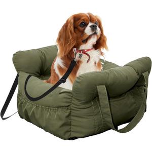 Medium Dog Car Seat Up to 28lbs - Pet Travel Bed Booster with Storage, Safety Tether, Anti-Slip Bottom for Cars(Green)