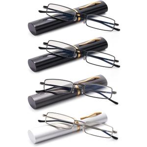 4PACK Reading Glasses Slim Pocket Readers Anti Blue Light with Portable Case for Men Women (2black,gunmetalsilver)