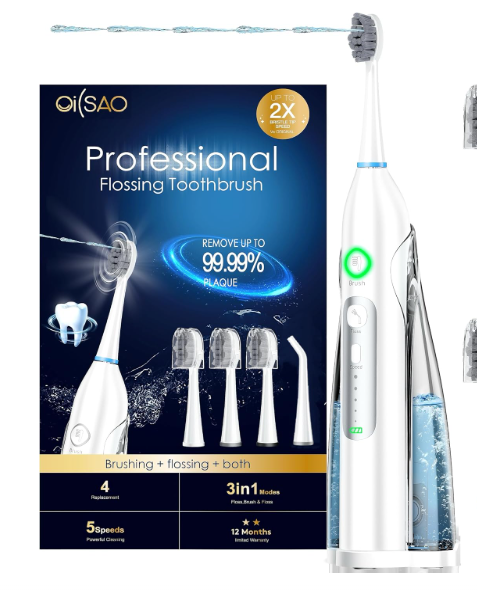 Electric Toothbrush with Water Flosser for Adults, 3in1 Sonic Brush & Floss Combo, Cordless Oral Irrigator, 3 Modes, 30Day Battery, Travel Toothbrush for Braces, Sensitive Gums, White