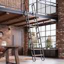 10.35FT Industrial Style Loft Ladder, 8 Steps with Black Steel Handrails & Solid Wood Steps, 450lbs Capacity, Fits 8.2-9FT Installation Height,for Attic, Kitchen, Warehouse, Bookshelf& Outdoor