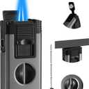 All in One Jet Flame Butane Torch Lighter Built-in Cutter V Cut, Punch, Holder Function, Draw Enhancer Tool, Refillable and Adjustable Windproof Gas Lighter, Black and Grey (Sold Without Gas)