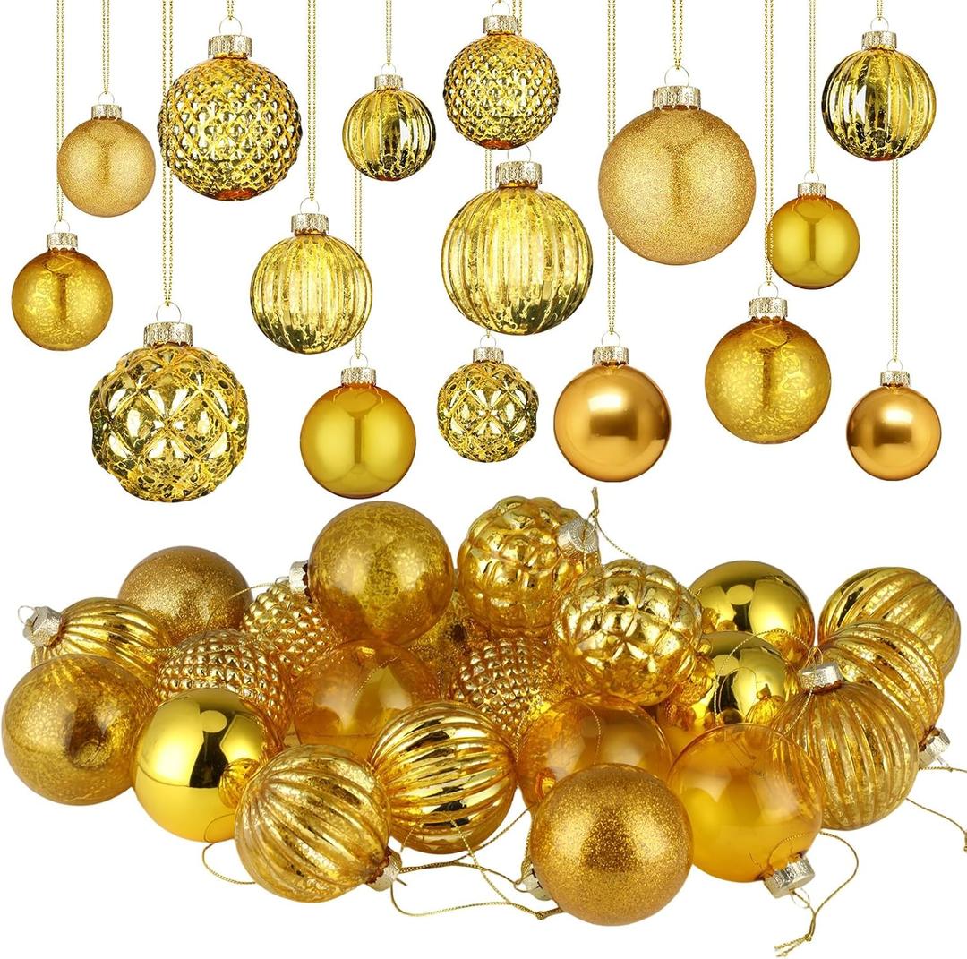 Liliful 24 Pcs Gold Glass Christmas Ball Ornaments Christmas Tree Decoration Hanging Balls Neutral Vintage Mercury Ornaments for Xmas Festival Home Wedding Holiday Farmhouse Party Decor, 2.36 Inch