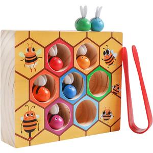 Toddler Fine Motor Skill Toy, Clamp Bee to Hive Matching Game, Montessori Wooden Bee Hive Toys, Wood Color Sorting Puzzle Early Learning Preschool Educational Gift for 2 3 4 Years Old Kids