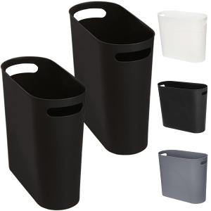 3.2 Gallon Slim Waste Basket, 2 Pack Small Wastebasket Plastic Narrow Trash Can with Handles, 12L Slim Garbage Container Bin for Narrow Space (Black)