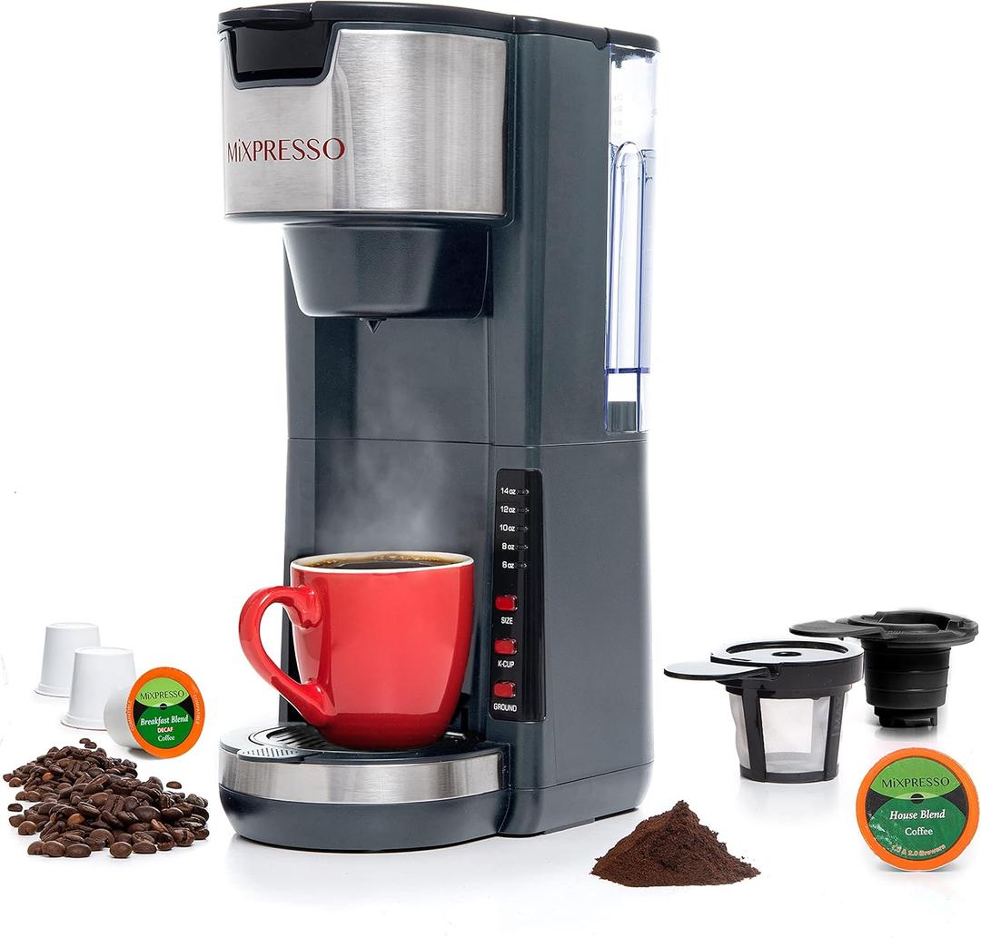 Mixpresso Single Serve Coffee Brewer K-Cup Pods Compatible & Ground Coffee 30oz Compact Coffee Maker Single Serve, 5 Brew Sizes Fits 14Oz Travel Mug, Adjustable Drip Tray, Grey Coffee Maker