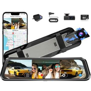 Aprilboy 3 Channel Mirror Dash Camera for Cars, 10" Triple Rear View Mirror with Front 4K/3K, Inside and Rear 1080P with WiFi, G-Sensor, Night Vision, Reverse Assist, Parking Monitoring