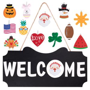 Jetec Welcome Sign for Front Door Home Decor Fall Sign Rustic Wood Welcome Notation Wall Hanging Outdoor Decor Seasons Holiday Independence Day Interchangeable 16×8 Inch (Black with White Letters)