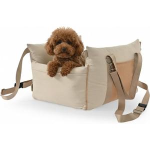 Amazon Basics Dog Car Seat, Pet Booster for Small-Medium Dogs with Leash & Washable Cover, Beige