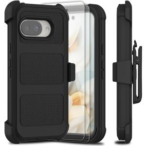 for Google Pixel 9a 2025 Case with 2 Pack Tempered Glass Screen Protector, [Holster Series] Belt Clip Kickstand Heavy Duty Shockproof Protective Cell Phone Case Cover (Black)