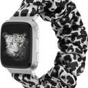 TOYOUTHS Scrunchie Bands Compatible with Fitbit Versa 2/Versa Lite Edition/Versa Watch Band Women Girl Elastic Stretch Fabric Cloth Strap Cute Pattern Bracelet Wristband (Black Leopard, Large) (Large (Fit 5.9"-7.1" Wrist))
