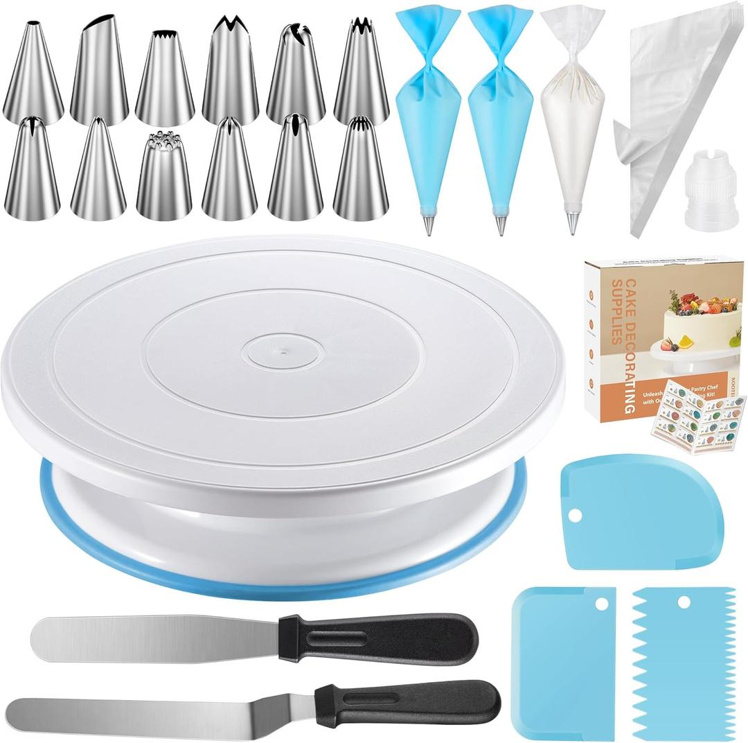 Kootek 71PCs Cake Decorating Kit, Baking Supplies Tools - Includes Cake Stand Turntable, 12 Icing Piping Tips Set, 2 Frosting Spatulas, 3 Scrapers, 50+2 Piping Bags, Coupler, Video Tutorial, Booklet (Blue)