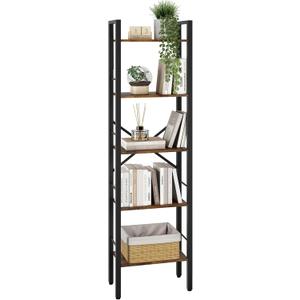 Tajsoon 5 Tier Ladder Bookshelf Industrial Ladder Shelf, Narrow Tall Skinny Bookshelf with Metal Frame, Multipurpose Standing Book Shelf for Bedroom, Living Room, Kitchen, Home Office, Rustic Brown