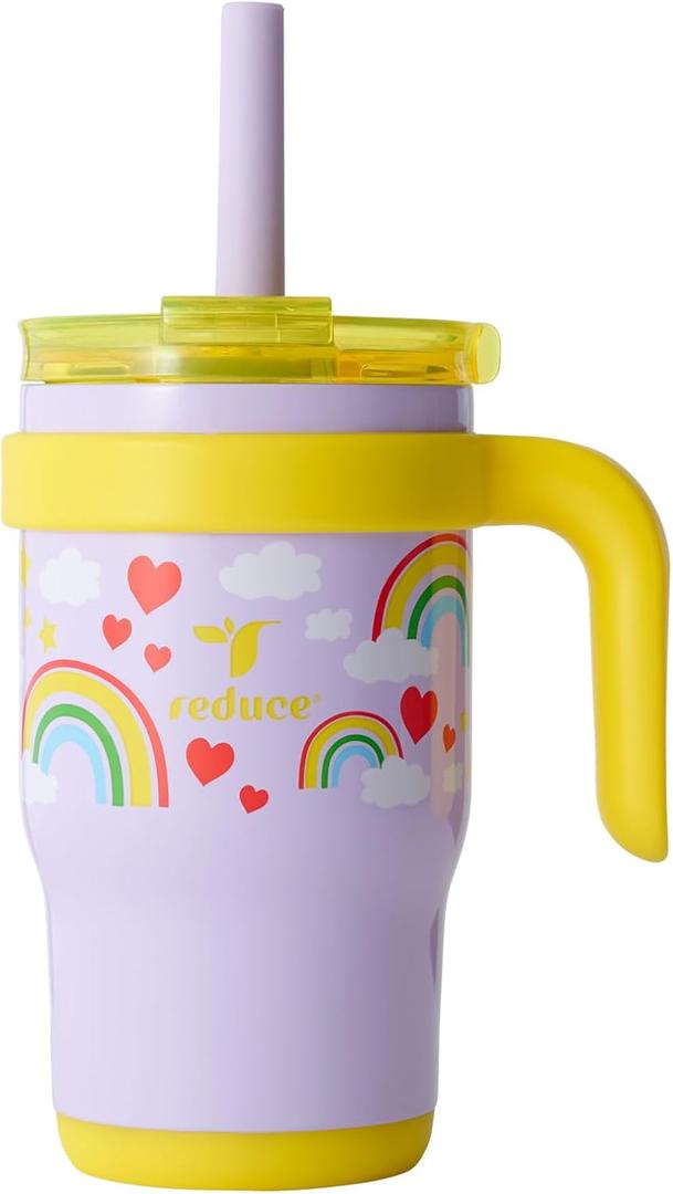 REDUCE 14 Oz Coldee Kids Tumbler with Lid and Straw - Coldee Insulated Travel Mug - Spill-Proof, Sweatproof Stainless Steel, BPA-Free - Includes Handle, Reusable Silicone Straw - Rainbow Sky